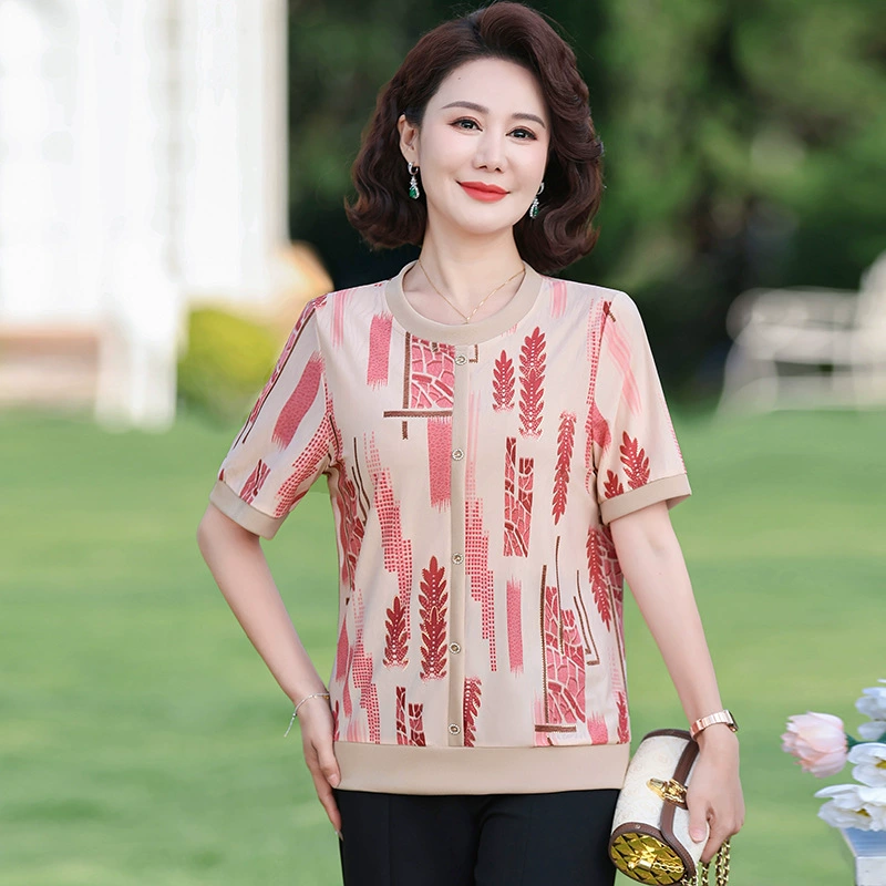 Новые летние модные футболки с короткими рукавами для женщин среднего и пожилого возраста, свободные женские рубашки с круглым вырезом и стильные топы для женщин.