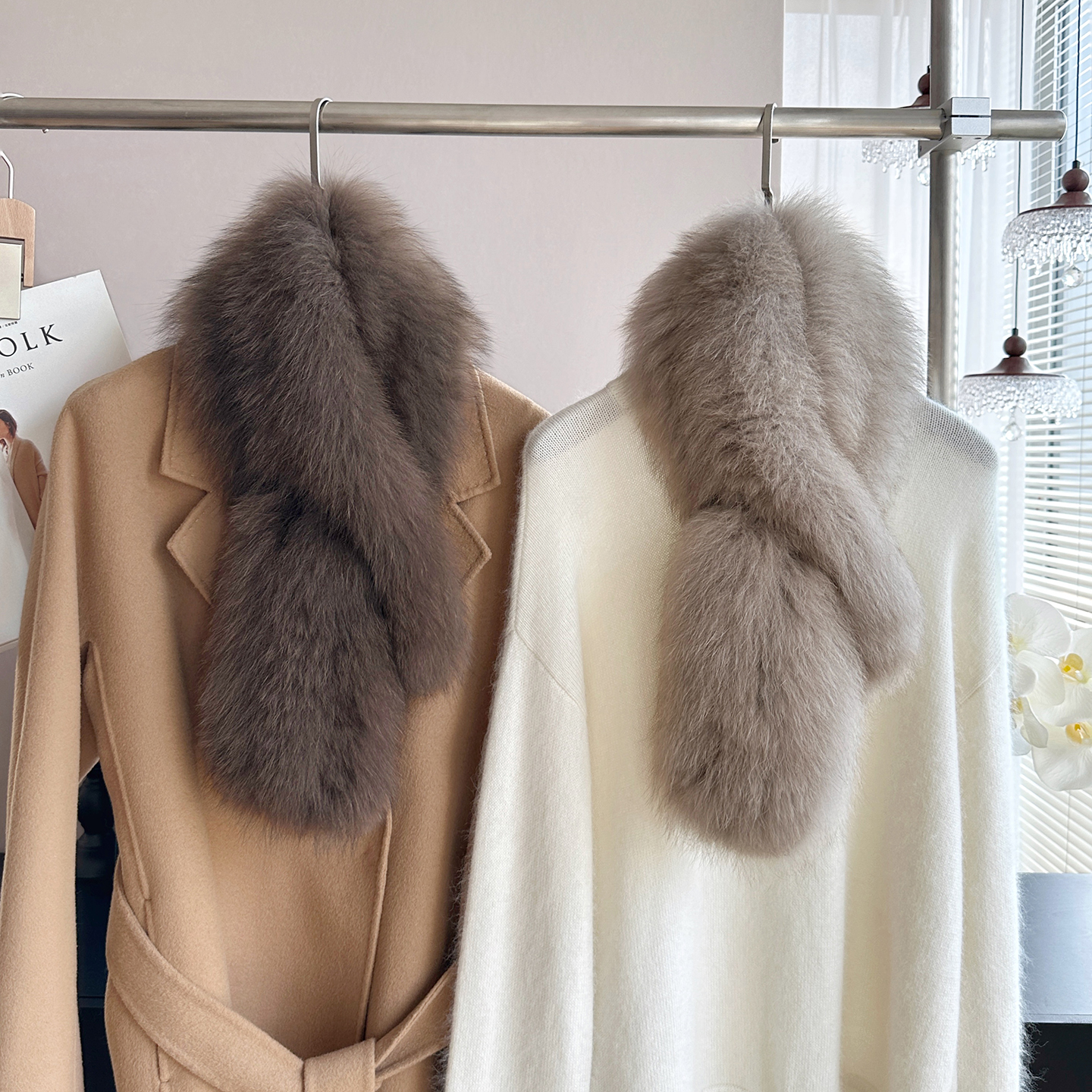 Double-sided real fox fur scarf for women, warm and versatile in winter, real fur neck warmer, double-sided fur weave