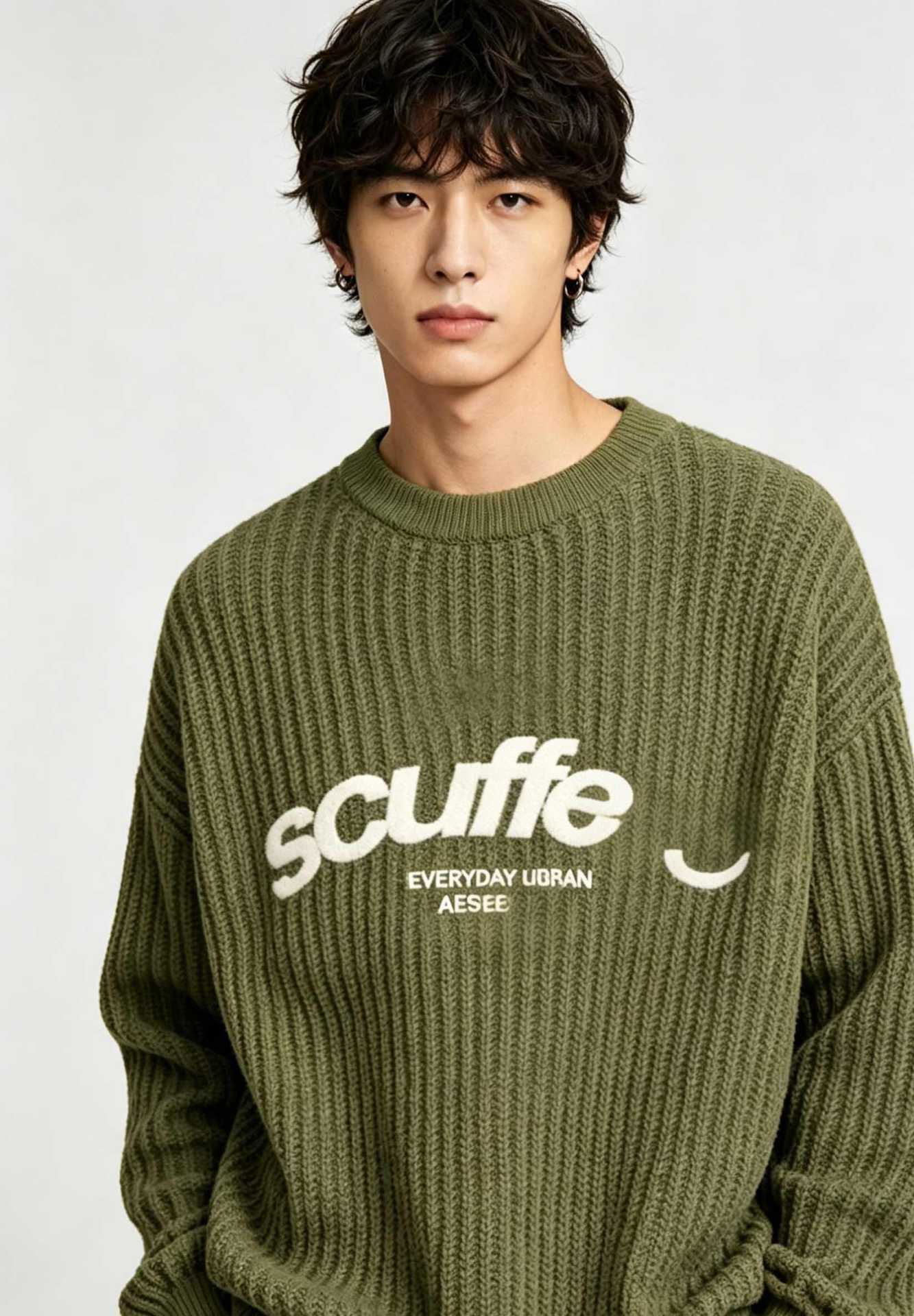 Scuffers Essential Crewneck Sweater Ribbed Knit Green