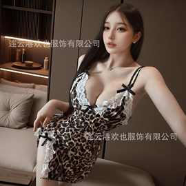 性感豹纹情趣内衣女睡裙开衩露胸纯欲蕾丝睡衣免脱套装情趣内0531
