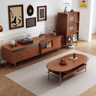 Hanmuxuan Scandinavian Mid-Century Style Solid Wood Tv Cabinet Side Cabinet Retro Living Room Wall Storage Cabinet Coffee Table Combination