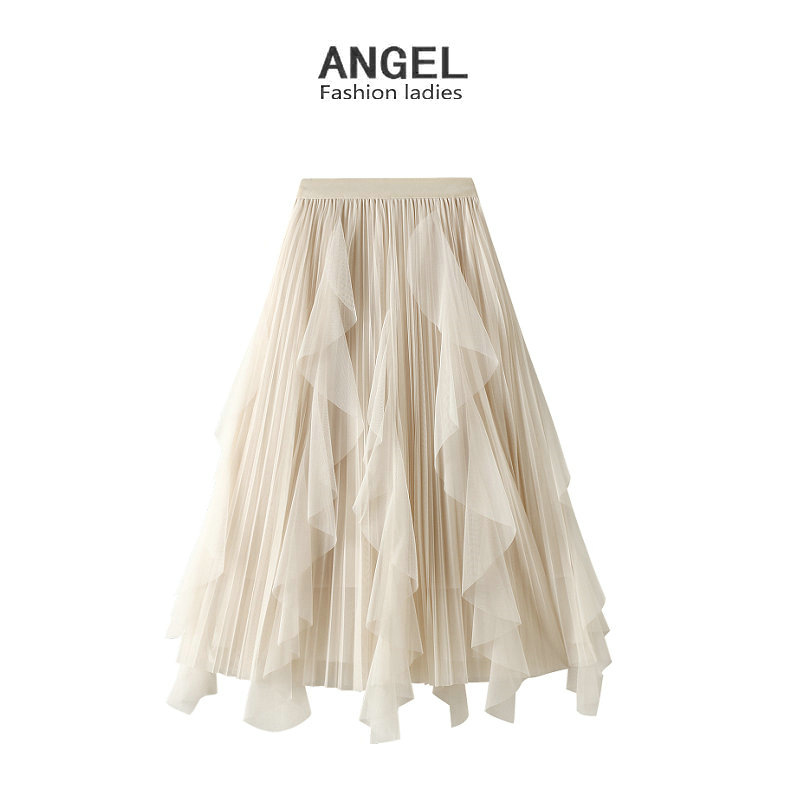 2025 Spring New High Waist Ruffled Spliced Mesh Skirt Women's Mid-Length Large Swing Pleated Skirt 089