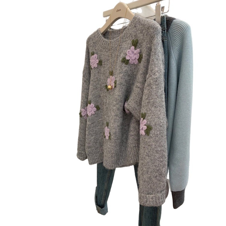 Collar redondo gris flor tridimensional bordado jersey jersey suéter de diseño para mujeres nicho suelto blusa delgada image 6