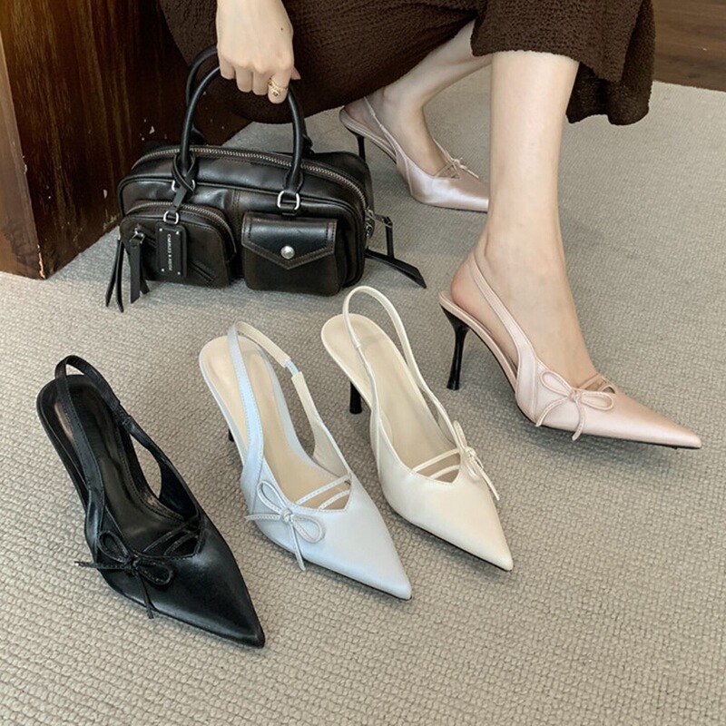 First Encounter with the French-Style Thin-Heeled Bow-Knot Pointed-Toe Closed-Toe Sandals for Women, New Model for Spring/Summer 2026, Open-Back Single Shoes with an Elegant Vibe First Encounter with the French-Style Thin-Heeled Bow-Knot Pointed-Toe Closed-Toe Sandals for Women, New Model for Spring/Summer 2026, Open-Back Single Shoes with an Elegant Vibe