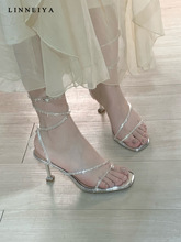 水钻高跟鞋女2024年新款夏季银色细跟绝美性感配裙子露趾绑带凉鞋