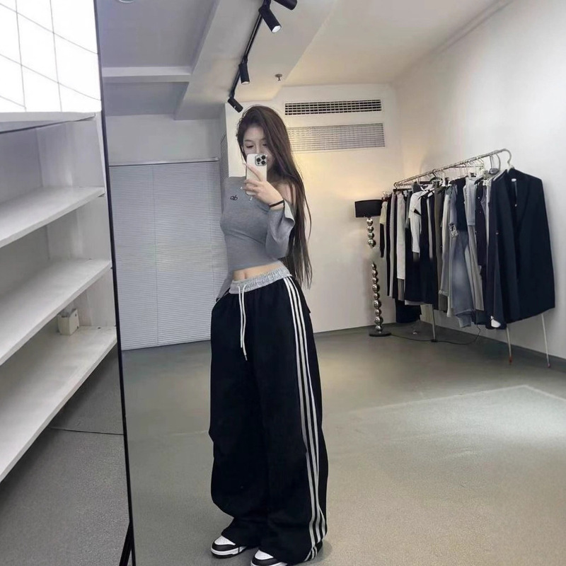 美式复古三条杠运动裤女2025秋冬款高腰抽绳显瘦运动阔腿裤子女|undefined