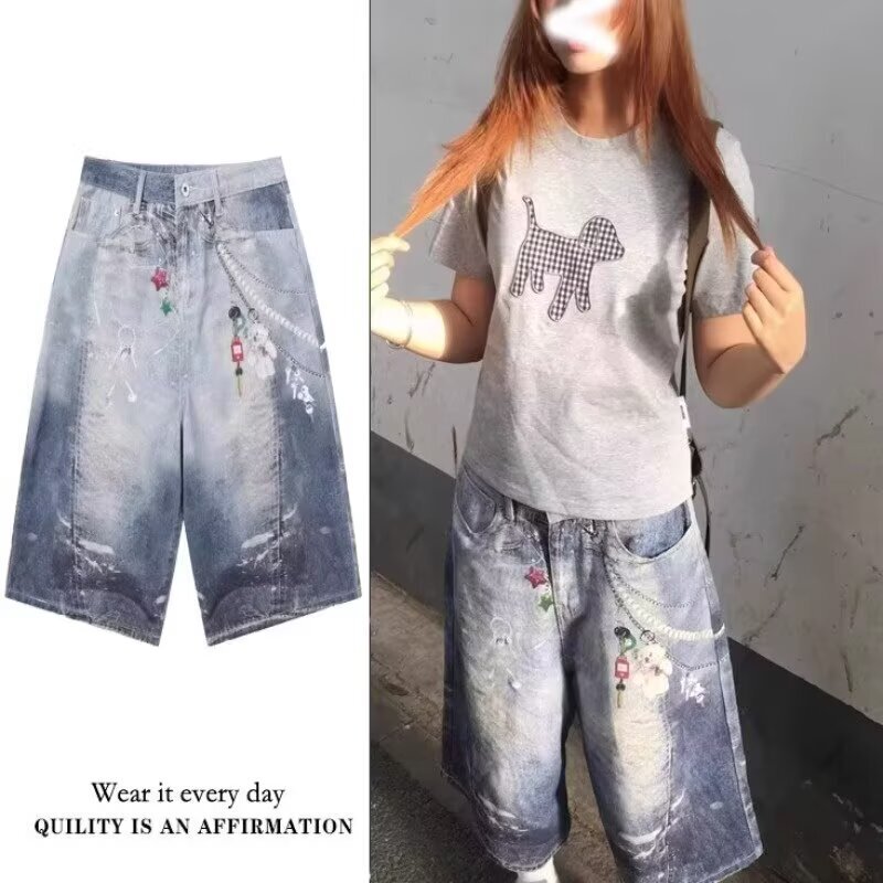 All-Over Printed Wide-Leg Cropped Denim Pants for Women, Summer Design, Straight Mid-Length Pants, Trendy American-Style Loose Shorts for Men