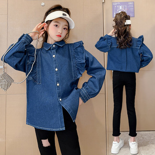 Children's Clothing Girls' Shirts Spring Internet Celebrity Denim Shirts 2025 New Style Kidsren's Spring Jackets Big Kidsren's Tops