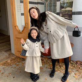 一起玩冬季新款 母女亲子装彼得潘领呢子套韩版女童毛呢套装H22Q1