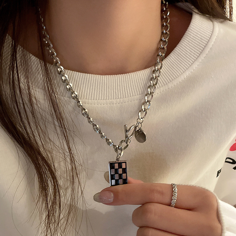 Square black and white checkerboard pendant alloy necklace fashionpicture5