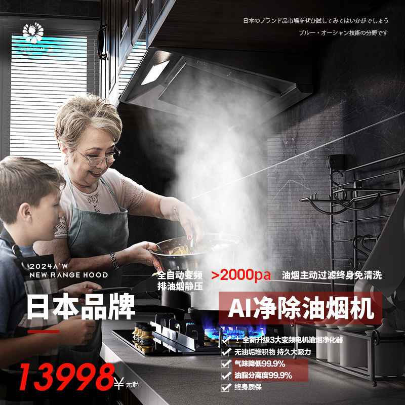 Japan's New Range Hood Purifier Household Large Suction Range Hood Open Kitchen Cleaning-Free Gas Stove