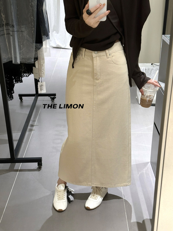 thelimon柠檬绿茶韩系复古极简高腰遮胯显瘦直筒后开叉牛仔半身裙|undefined