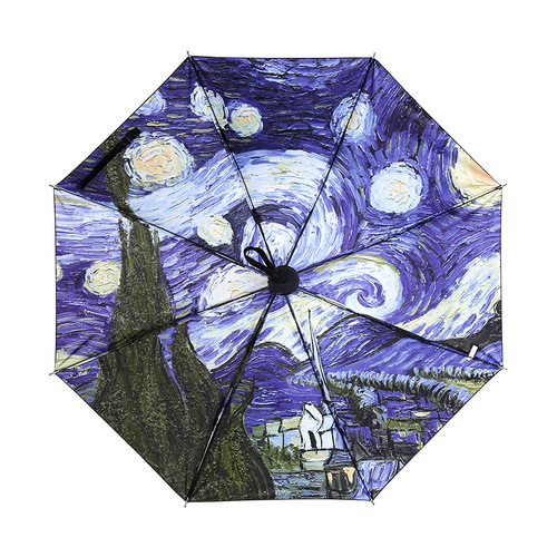 Vincent Van Gogh Oil Painting Umbrella, Black Rubber UV Protection Sun Umbrella, Women's Outdoor Tri-Fold Sunshade Umbrella Wholesale