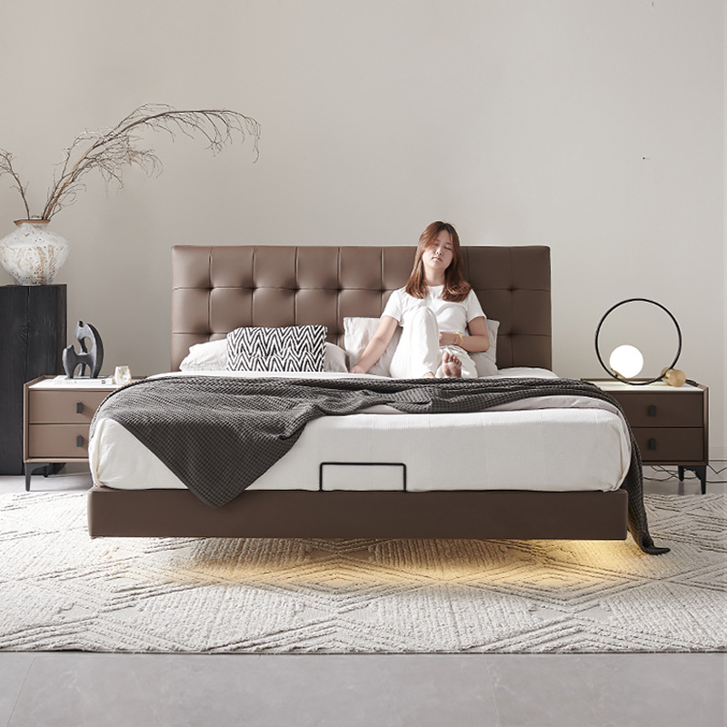 Cama de suspensión de waffle minimalista italiana, hebilla de tirón, cama de cuero de vaca, cama de matrimonio, cama doble, dormitorio principal, 1.8m