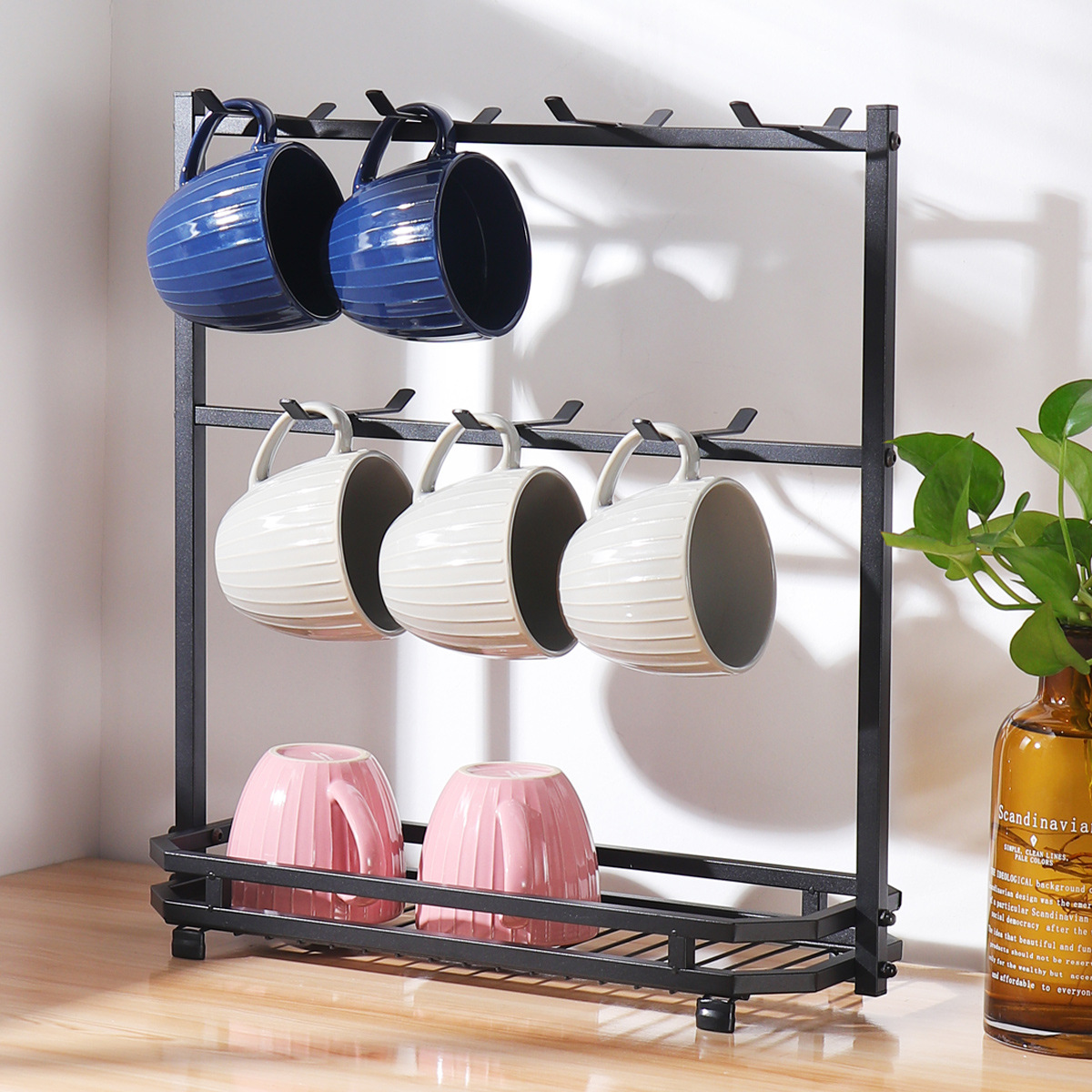 Soporte para tazas de café en stock, estante de hierro forjado sin taladro para tazas, estante de almacenamiento de tres niveles para tazas de té invertidas para cocina.