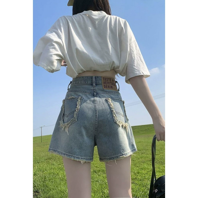 2025 новый летний голый широкий джинсовые шорты женские высокие талии тонкий дизайн
