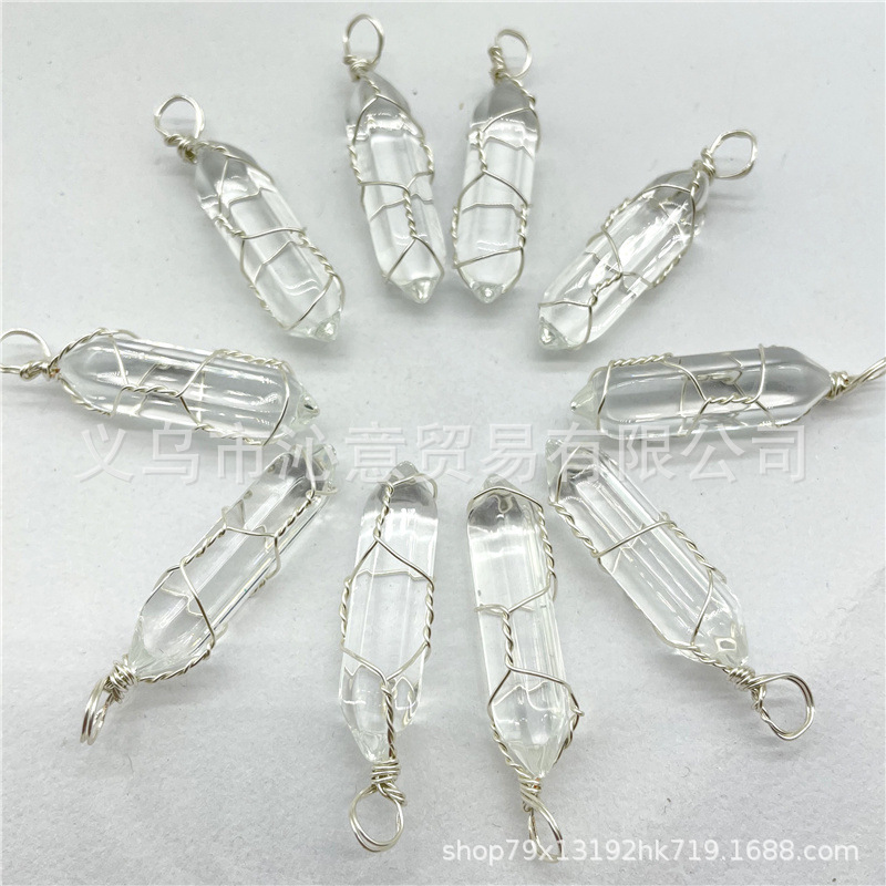 Comercio exterior caliente bobina hexagonal columna colgante collar de cristal natural hecho a mano de plata hilo bala joyería al por mayor