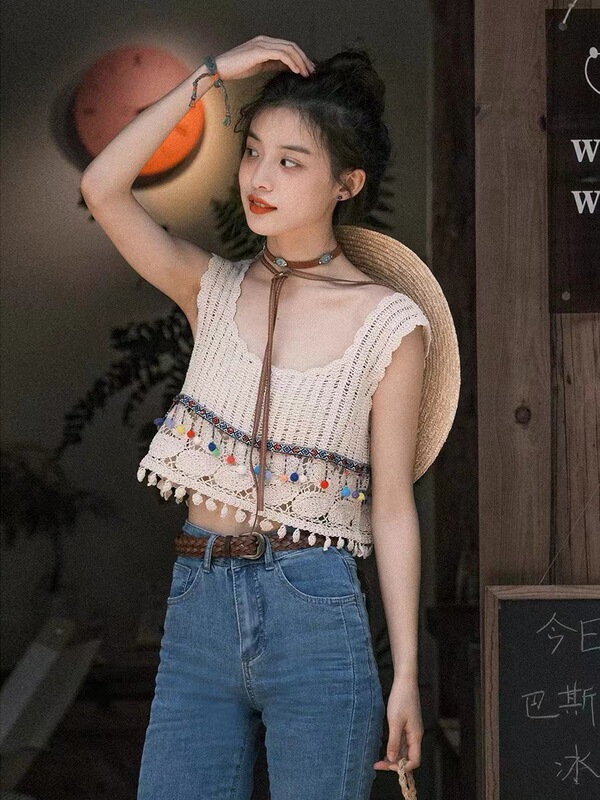 Square Collar Short Top Women's Thai Bohemian Ethnic Style Beach Knitted Vest