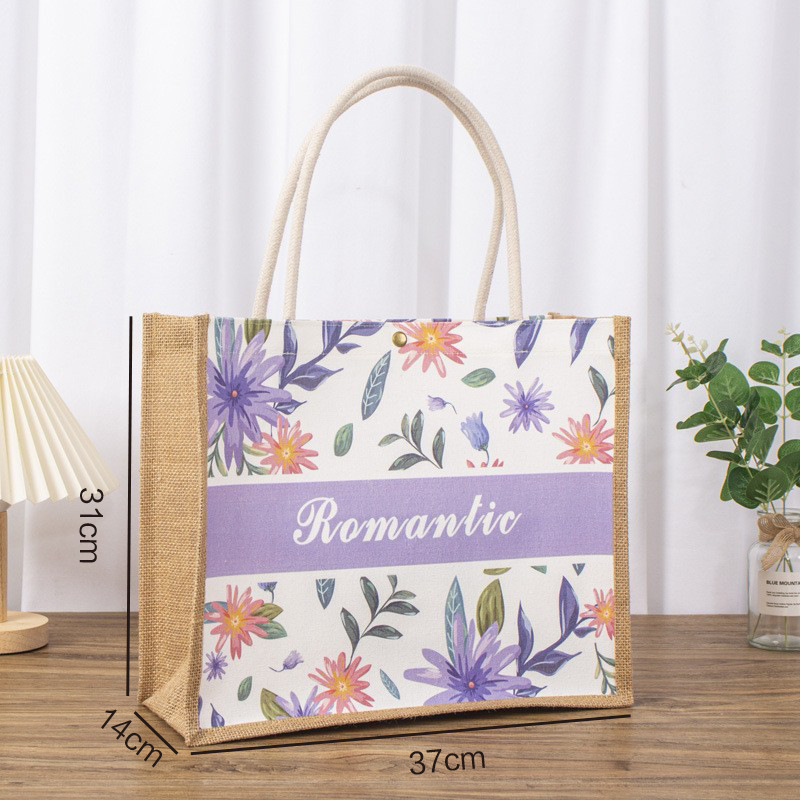 Bolsas de lino en blanco personalizadas empresas publicidad impresión en color patrón bolsas de regalo empalmado lienzo bolsa de lino portátil personalizada