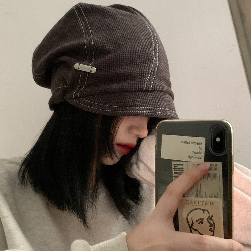 黑色堆堆帽女秋冬季新款大头围显脸小包头帽时尚百搭针织套头帽子|undefined