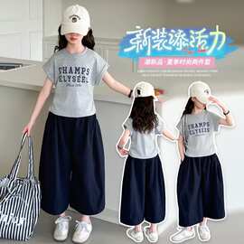 女童夏季套装2026新款女孩大童韩系洋气儿童短袖t恤阔腿裤两件套