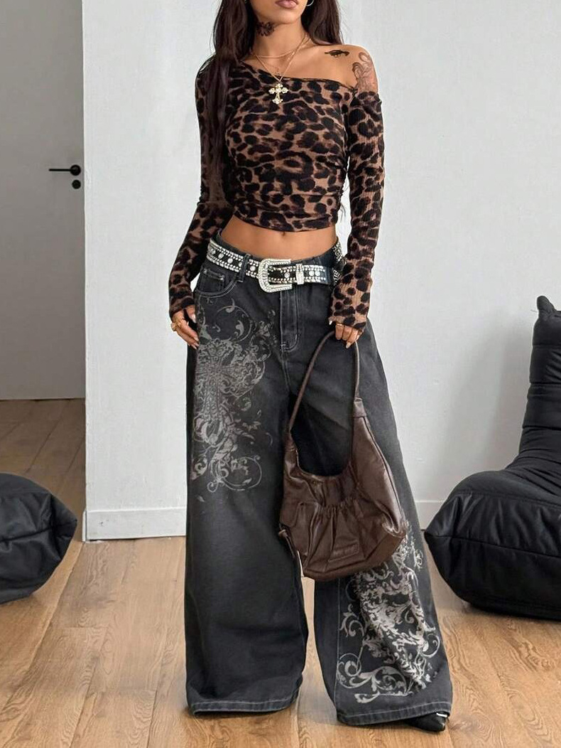 European and American Cross-Border Women's Fashion Retro Versatile Leopard Print One-Shoulder Short Long-Sleeve Tight Top
