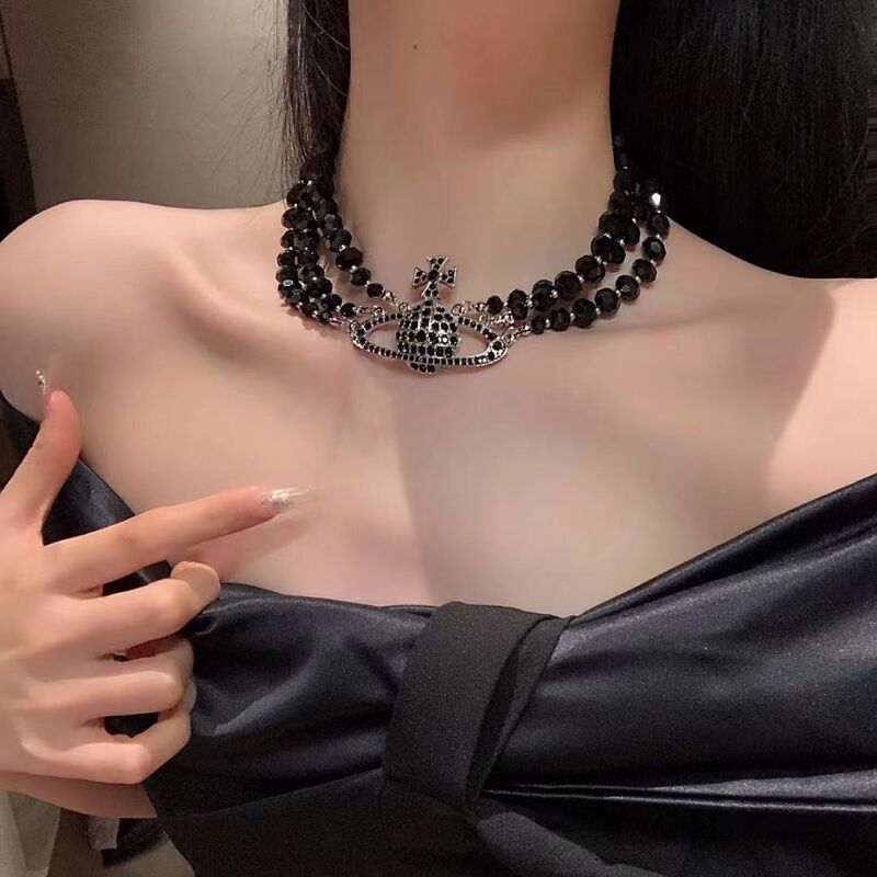 西太后の新型満ドリル三層黒水晶土星ネックレス女性レトロ暗黒短金鎖骨鎖首鎖g|undefined