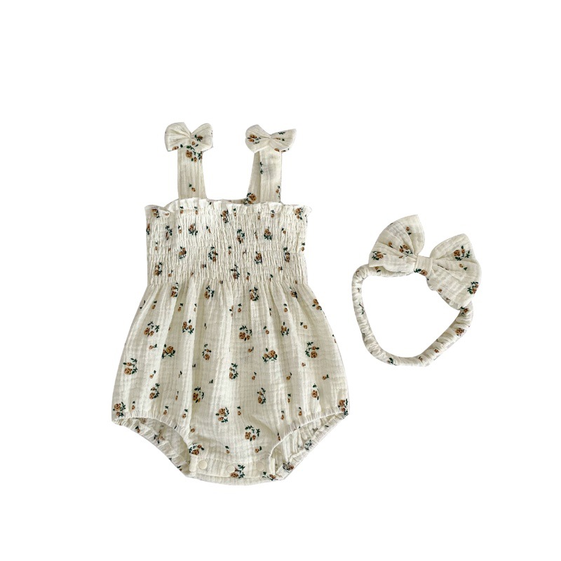 Verano niña arco Correa mameluco estilo occidental pequeño floral sin mangas vaina bebé mono mameluco