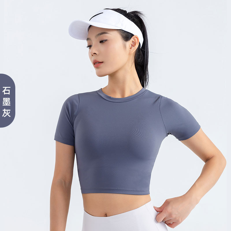秋冬新款瑜伽服短袖女 裸感露脐开背运动上衣 修身速干健身服t恤|undefined