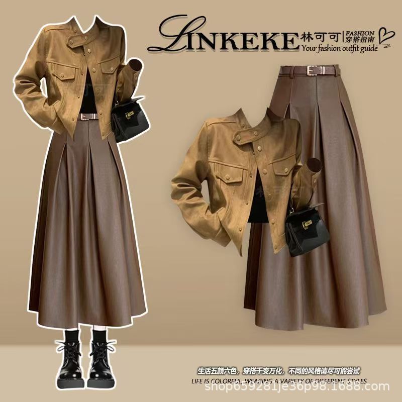 A Complete Set of Wasteland-Style Outfits for Autumn, Including a Super Stylish Jacket and a High-End Fashion Skirt Two-Piece Set