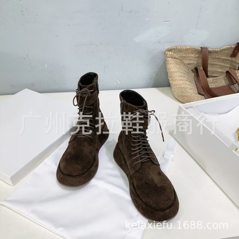 高定2025小众秋冬真皮绒面圆头厚底增高系带侧拉链百搭马丁靴短靴|undefined