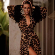 欧美秋季新款性感豹纹羽毛拼接长袖长款睡袍浴袍2025跨境家居服女