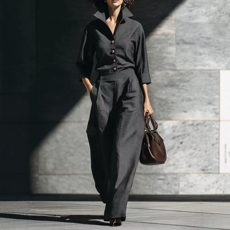 2026 Autumn New European and American Cross-Border High-End Fine Striped Shirt and Wide-Leg Pants Two-Piece Set