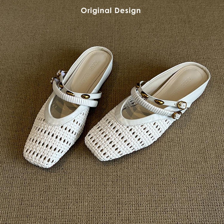 Sheepskin Version~French Retro Style Internal Height-Increasing Closed-Toe Half Slippers for Women, Summer Outdoor Woven Hollow-Out Mule Sandals