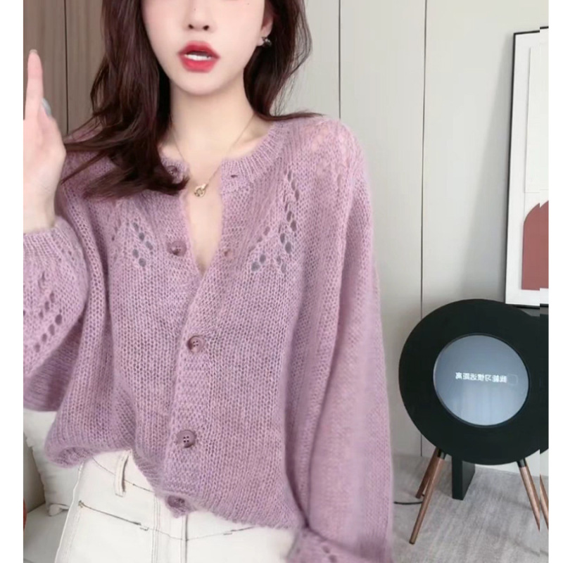 韩版休闲针织毛衣女开衫外套女2025秋季新款高级感马海毛镂空上衣|undefined