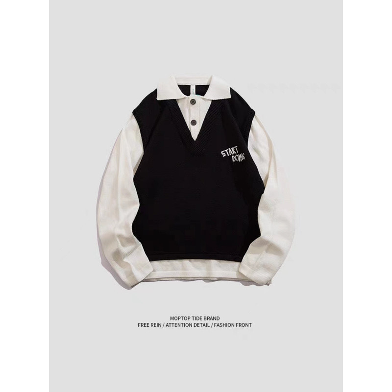 Men's clothing two piece polo collar sweater men's autumn and winter trend loose stitching embroidery knitted sweater men's casual jacket_voghion.com