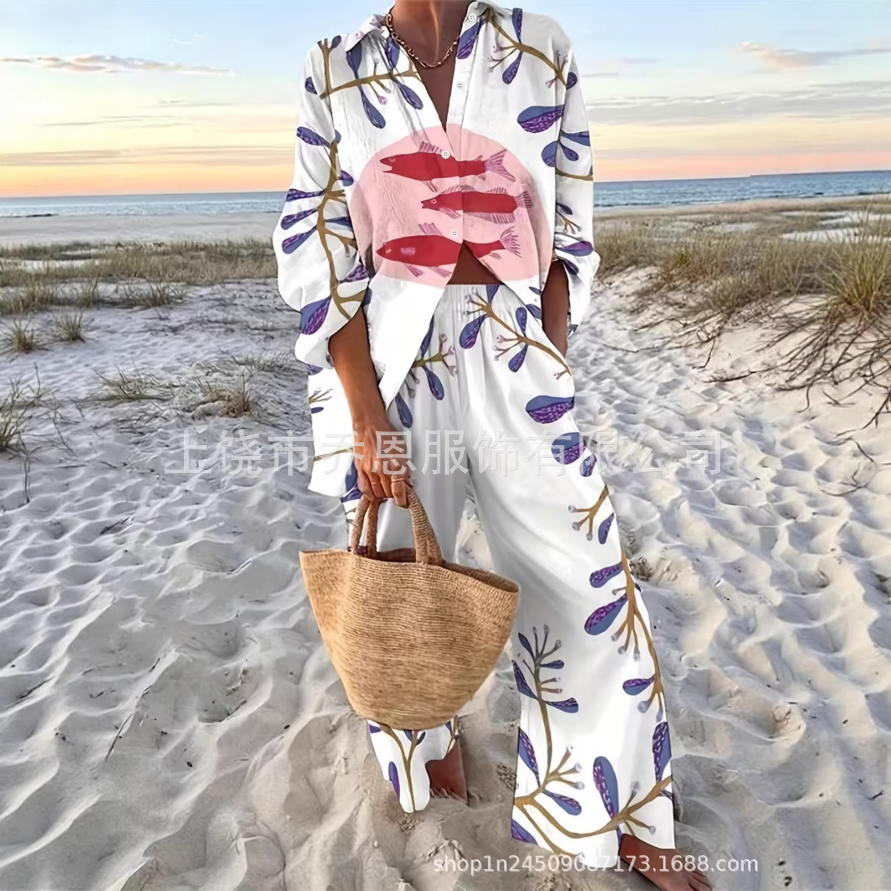 欧美新款 创意鱼底纹休闲套装宽松运动阔腿裤海洋元素休闲套装POD