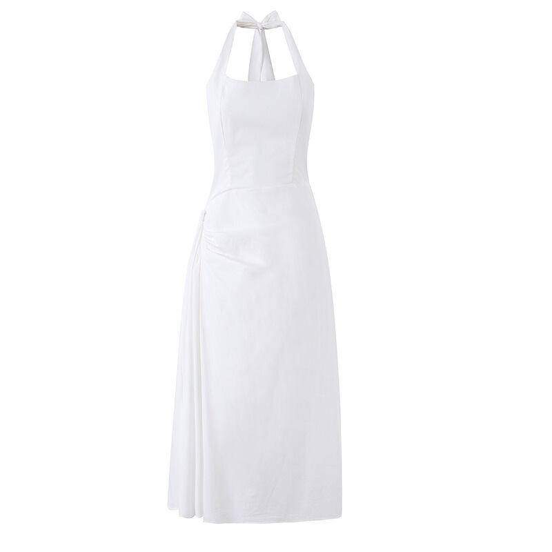 Summer elegant design pleated halter-neck cotton mid-length dress, stylish slip dress, formal dress for women Summer elegant design pleated halter-neck cotton mid-length dress, stylish slip dress, formal dress for women