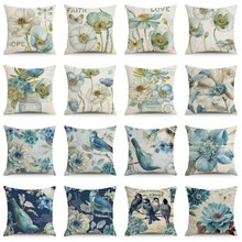 水墨国画艺术花卉棉麻抱枕套莲花鸟花朵家居办公室装饰靠垫靠枕套