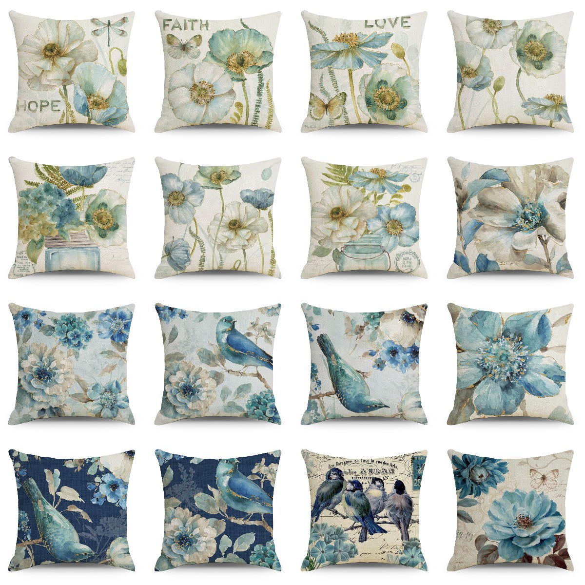 水墨国画艺术花卉棉麻抱枕套莲花鸟花朵家居办公室装饰靠垫靠枕套