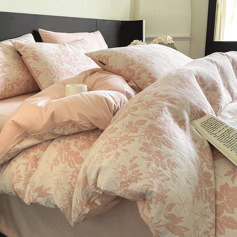 Cama de hilo de doble capa de cuatro piezas de algodón puro 100 funda de edredón de algodón grueso de tres piezas de sábanas de dormitorio 2025 nuevo 3