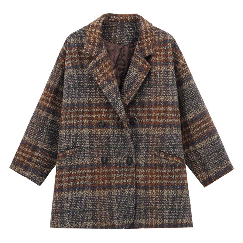 Коричневый пиджак для женщин, осень-зима 2021, новая популярная маленькая клетчатая твидовая шерстяная верхняя одежда средней длины