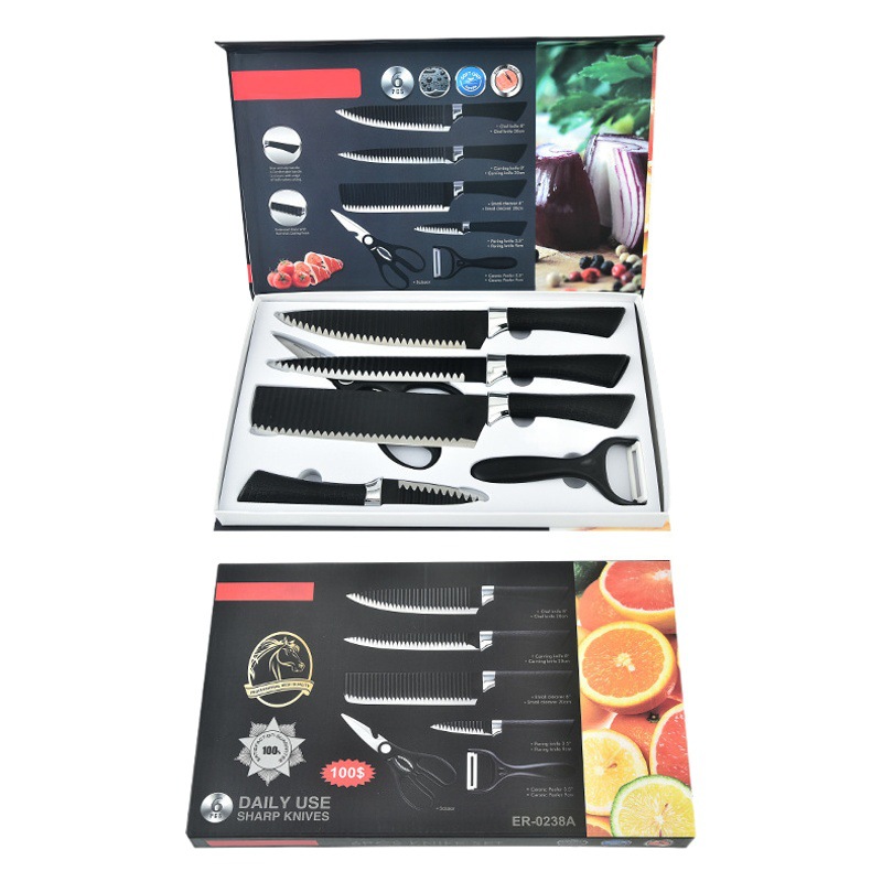 Fábrica en stock al por mayor 238A negro ola vinculante cuchillo antiadherente cuchillo corrugado negro ola de seis piezas cuchillo conjunto traje