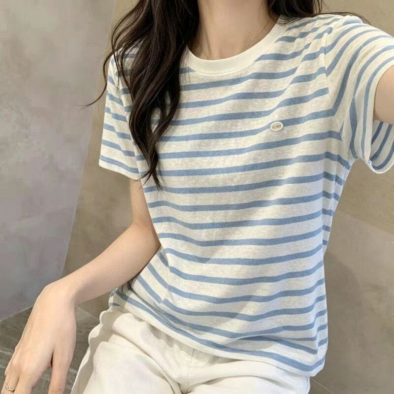 [160g Tencel Snowflake Striped Lyocell] Korean-Style Striped Short-Sleeved T-Shirt for Women, New Summer Style, Thin and Loose-Fitting