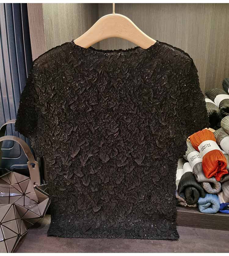 Áo thun ngắn tay nữ cổ tròn xếp li dập nổi kim cương, chất liệu cotton phối polyester, form suông thoải mái, phù hợp đi làm và dạo phố mùa hè — Màu hồng, Màu xanh lá, Màu mơ chi tiết 31