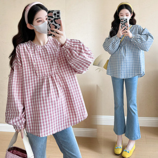 Pregnant Women's Fashion All-match 2025 Spring New Pregnant Women's Korean Style Loose Plaid Artistic Loose Pregnant Women's Doll Shirt