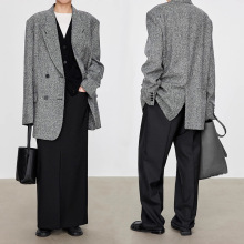 2025春秋新西装领中长款复古羊毛大衣加里布立体褶明线双排扣外套