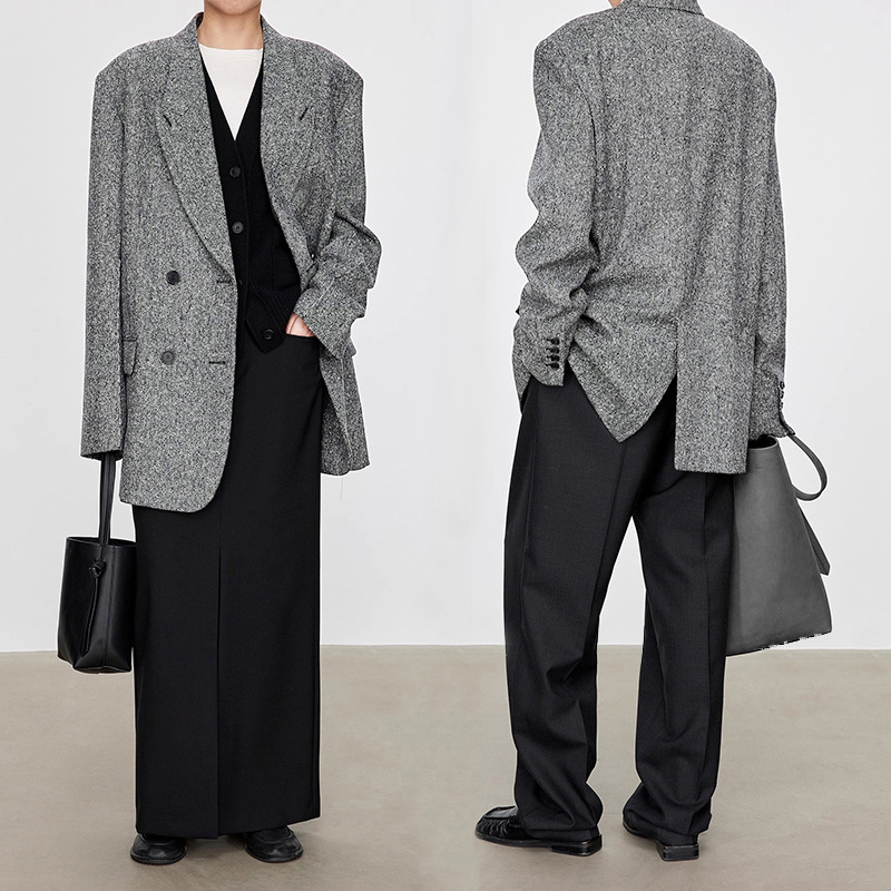 2025春秋新西装领中长款复古羊毛大衣加里布立体褶明线双排扣外套