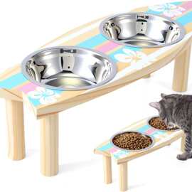 木质宠物碗架双格家用猫咪饭碗架冲浪板造型可调节猫咪零食架