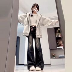 2025开学新款小个子灰色连帽卫衣外套女秋冬慵懒宽松拉链开衫上衣
